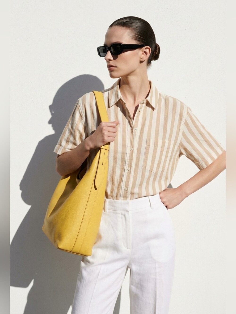 Madewell Beige and White Vertical Stripe Button-Down Shirt